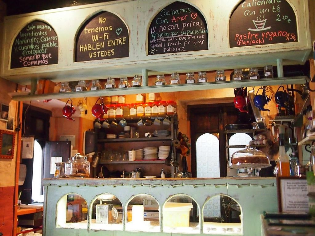 Interior of the restaurant La Chilimosa in Tarifa - Homemade vegetarian food in a cozy atmosphere.